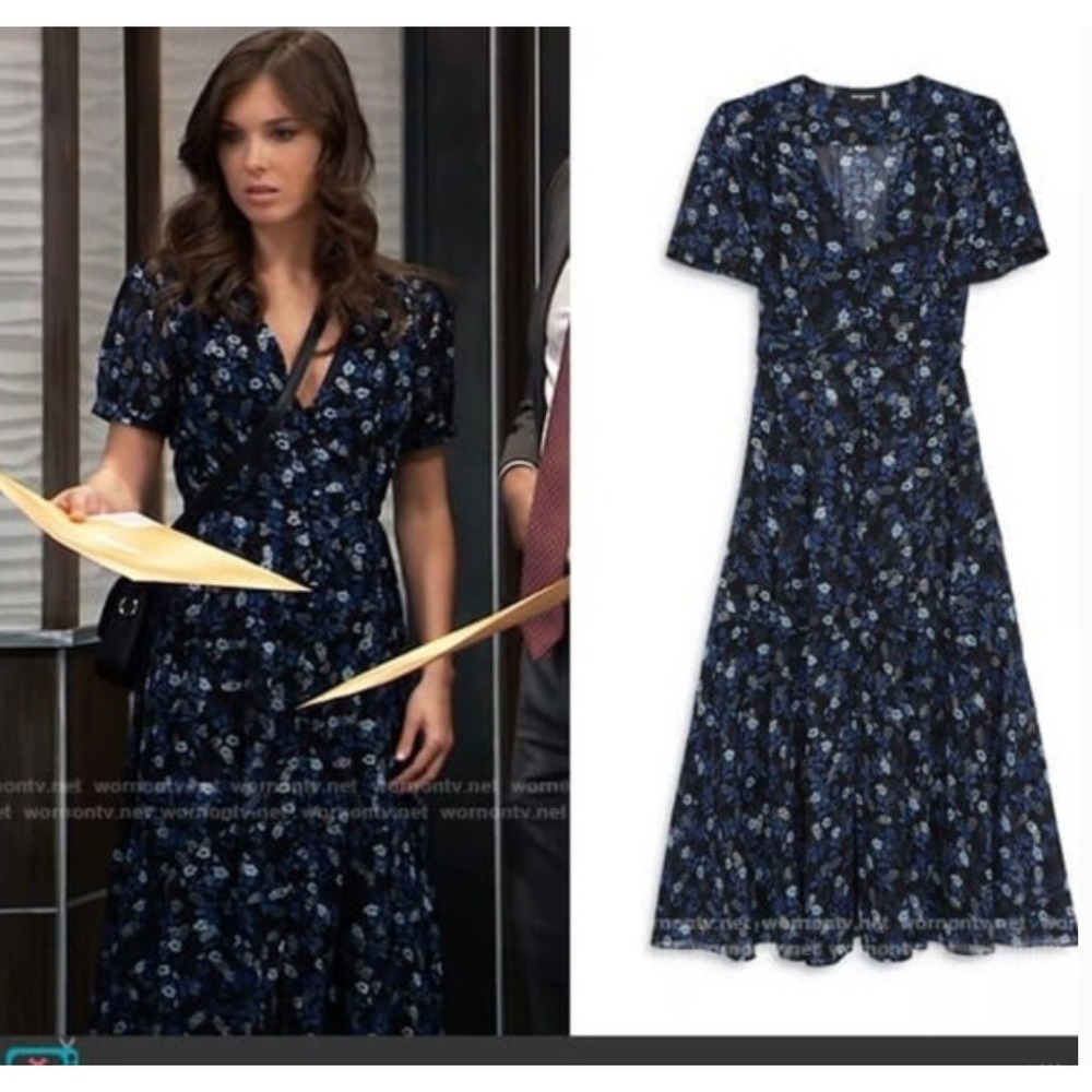 New The Kooples Paris Foil Blue Poppy Floral Silk-Feel Midi Dress 1 US Small Nwt